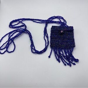 Vintage Purple Color Beaded Amulet Pouch Necklace with Rose Glass Bead